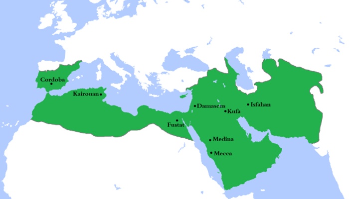 Mapa del Califato Omeya de Damasco en su máxima exppansión. Siglo XVIII
